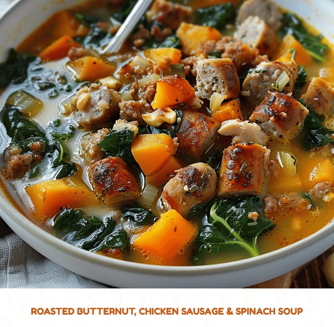 Roasted Butternut, Chicken Sausage Spinach Soup