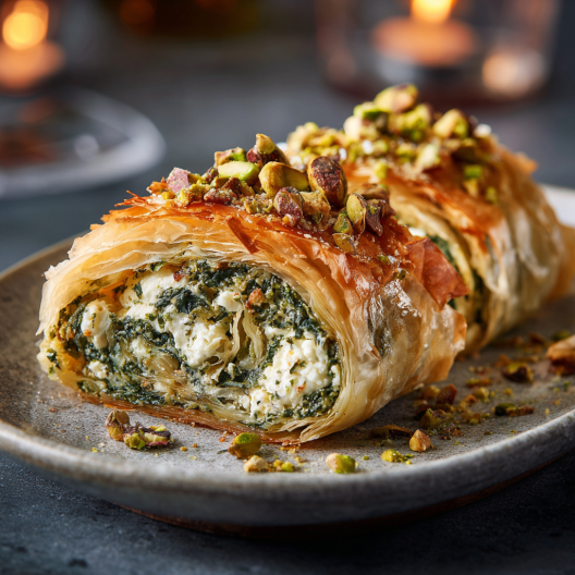 Spinach & Feta Phyllo Roulade with Pistachios