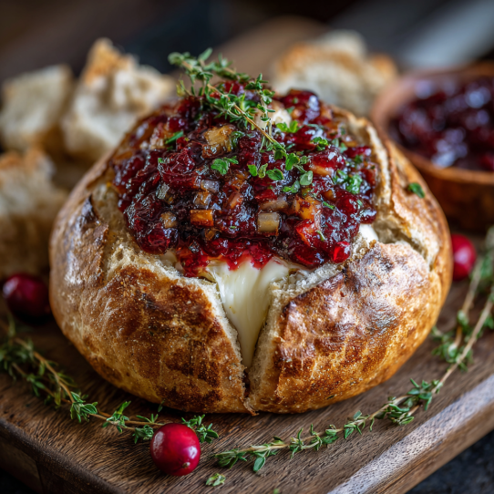 Baked Brie in Bread Bowl with Cranberry Sauce and Thyme