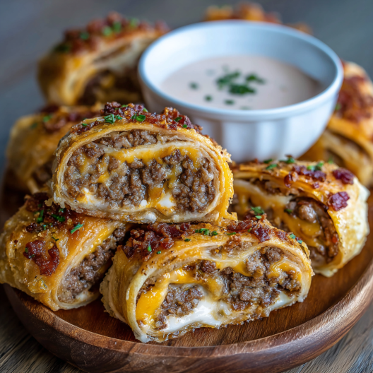 1. Preheat & prep. Set your oven to 400°F (200°C) and line a baking sheet with parchment paper. 2. Cook the beef. In a skillet over medium heat, cook your ground beef until browned, breaking it up as it cooks. Add some salt and pepper, then stir in the crumbled bacon. Take it off the heat and let it cool for a few minutes — it’s easier to handle that way. 3. Build the rollups. Roll out the pizza dough into a big rectangle. Spread the beef and bacon mixture evenly on top, then sprinkle with cheddar and diced pickles. 4. Roll it up. Starting at one end, roll the dough into a tight log. Slice it into about 1-inch pieces — kind of like you’re making cinnamon rolls, but, you know, the savory kind. Lay each one flat on your baking sheet. 5. Add the garlic butter magic. Mix your melted butter with the minced garlic, and brush that goodness over each roll-up. Don’t skip this part — it’s what takes them from good to holy crap, these are amazing. 6. Bake & finish. Bake for 15–18 minutes until they’re golden and the cheese is bubbling. Garnish with parsley if you want to look like you have your life together. Serve warm with ketchup and mustard for dipping.