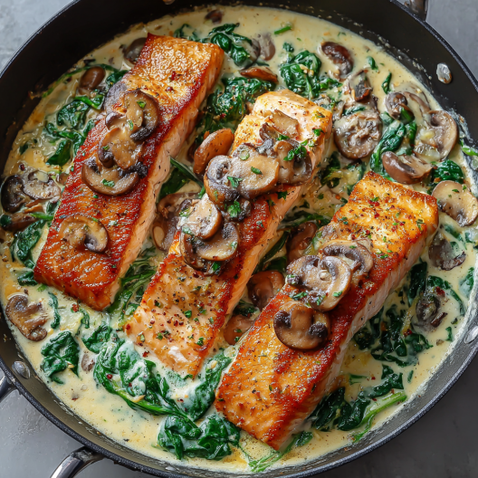 Garlic Butter Salmon with Spinach & Mushrooms in Creamy Sauce