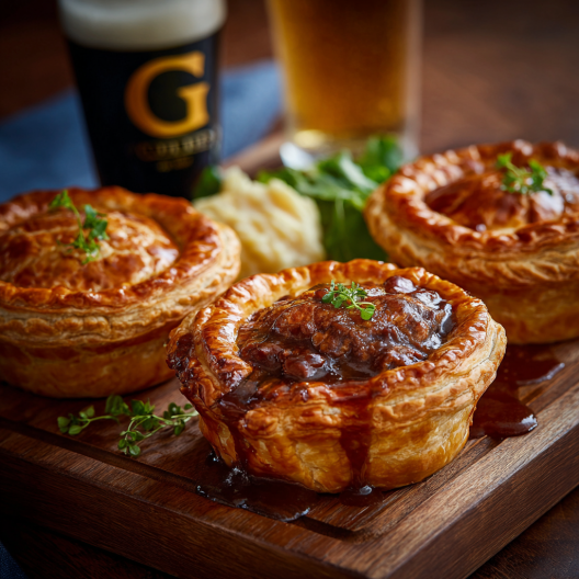 Start by heating the oil in a heavy-bottomed pan. Add your beef and let it brown — don’t move it around too soon; let it sit and develop that dark, rich color. Once it’s browned, lift it out and set it aside. In the same pan, toss in your onions. Let them cook slow until they go soft and golden. Add the garlic, stir for a minute, then sprinkle in the flour. Pour in your ale, and use your spoon to scrape up every bit stuck to the bottom — that’s all flavor. Add your stock, tomato paste, thyme, bay leaf, and the beef. Turn the heat down, put a lid on, and let it simmer gently for about an hour. You’ll know it’s ready when the beef is soft and the sauce clings to your spoon. Let it cool — that’s important. While it cools, preheat your oven to 400°F (200°C). Roll out your puff pastry and cut circles (around 4 inches wide). Spoon some of that cooled filling into the center, top it with another pastry circle, and seal the edges with a fork. Brush the tops with beaten egg. Bake for about 25 minutes, until they’re puffed up and golden brown. When they come out, the smell is ridiculous — buttery pastry and slow-cooked ale gravy all mingling together. Eat one standing by the counter, because you won’t want to wait.