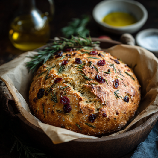 No-Knead Rosemary Cranberry Bread with Olive Oil & Sea Salt