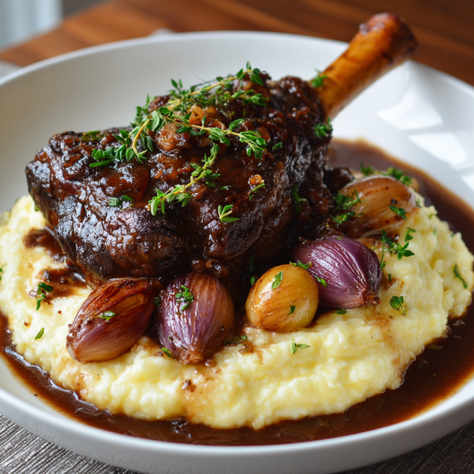 Slow-Braised Lamb Shanks in Red Wine Gravy with Roasted Garlic Mash & Golden Shallots
